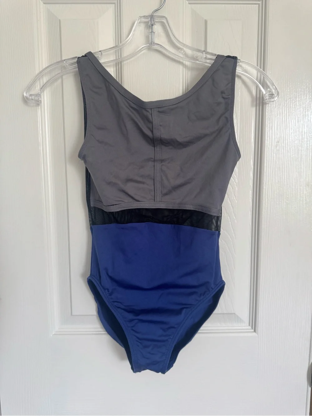 Ella Dancewear Two-Tone Blue and Gray Leotard with Black Mesh Accents